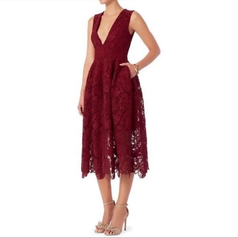 NICHOLAS Burgundy Lace Midi Dress